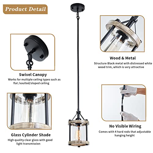 Image of Farmhouse Pendant Light, Rustic White Wood and Metal Cage Hanging Light Fixtures with Glass, 43 Inch Adjustable for Flat and Slop Ceiling, Pendant Lighting for Kitchen Island Foyer Hallway