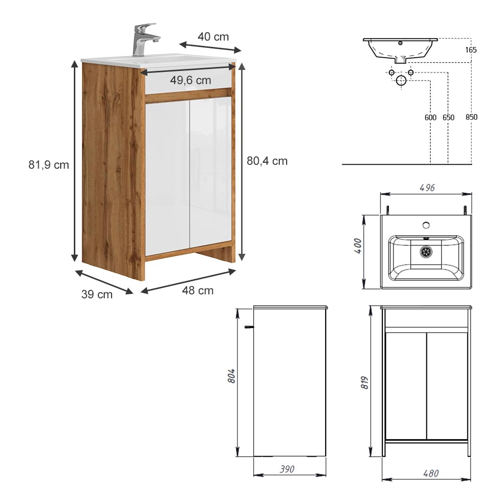 Vicco Set mobili bagno Lemgo, Rovere dorato, 49 cm, composto da mobile sottolavabo e lavabo