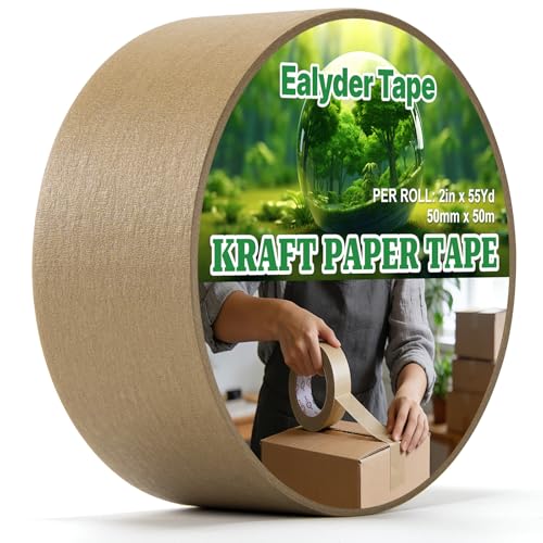 Ealyder Tape Brown Kraft Paper Packing Tape 2 Inch x 55 Yards Easy Tear Eco-Friendly Writable Biodegradable for Shipping Sealing Packaging and Moving 1 Roll