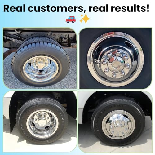 Image of 4pc 16 inch Wheel Simulators Compatible with 74-00 Chevy GMC 3500,74-98 F350,08-21 E350 /E450 Van,74-99 Ram 3500, 8 Lug Polished Stainless Steel Dually Screw-On Cover Removable Centre Cap Hubcaps