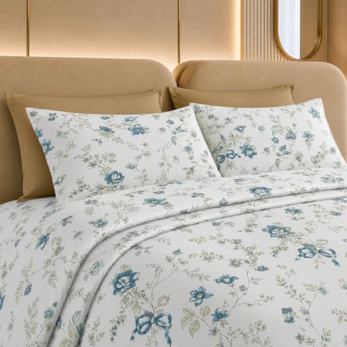 Image of Jaipur Weaves Cotton Linen Feel King Size Bedsheet 108x108 Super King, 100% Pure Cotton Bed Sheet with 2 Pillow Covers, 300 TC Soft Breathable Floral Design Bedding -(Vintage Blue, Super King)
