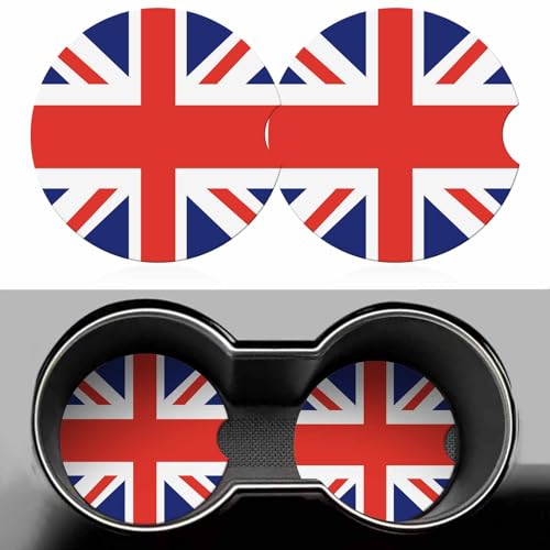 United Kingdom UK Flag Car Cup Holder Coaster 2 Pack Absorbent Ceramic Car Coasters for Cup Holders Car Accessories Interior for Women Men Universal Anti Slip Cork Base Cup Coasters with Finger Notch