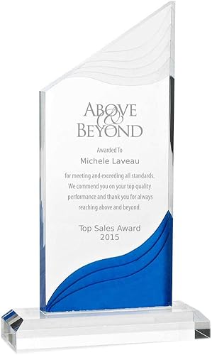 Miniatura 10 de Baudville Trofeo grabado personalizado, acrílico, azul y blanco esmerilado, premio para empleados, añade tu logotipo