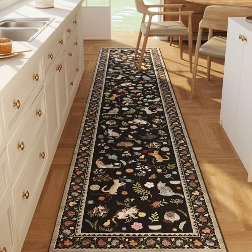 Runners for Kitchen Runner Rug Non Slip 2'x10' Long Washable Rugs with Rubber Backing Soft Floral Animal Cat Carpet Runner for Kitchen Laundry Bedroom Bathroom, Black