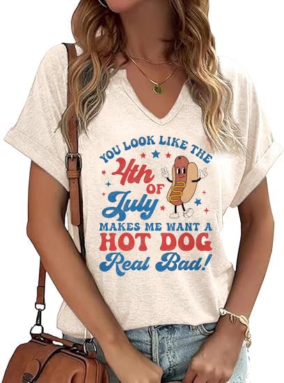 Patriotic Shirts for Women V Neck 4th of July You Like Hot Dog Blouse Summer BBQ T-Shirts Memorial Tops Tee(IND-05OW Large)