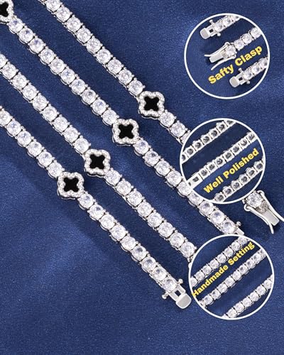 LuxeFlex 4mm Iced Out Four Leaf Tennis Chain,White Gold Plated with 5A Zircon Stones, exquisite Handmade Hip Hop Bling Necklace Perfect Unisex Jewelry Gift2