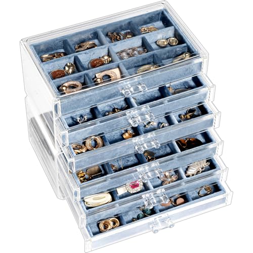 Lolalet Earring Holder Organizer Box Jewelry Storage with 6 Drawers, Clear Acrylic Stackable Earring Case with Adjustable Velvet Trays for Women on Dr