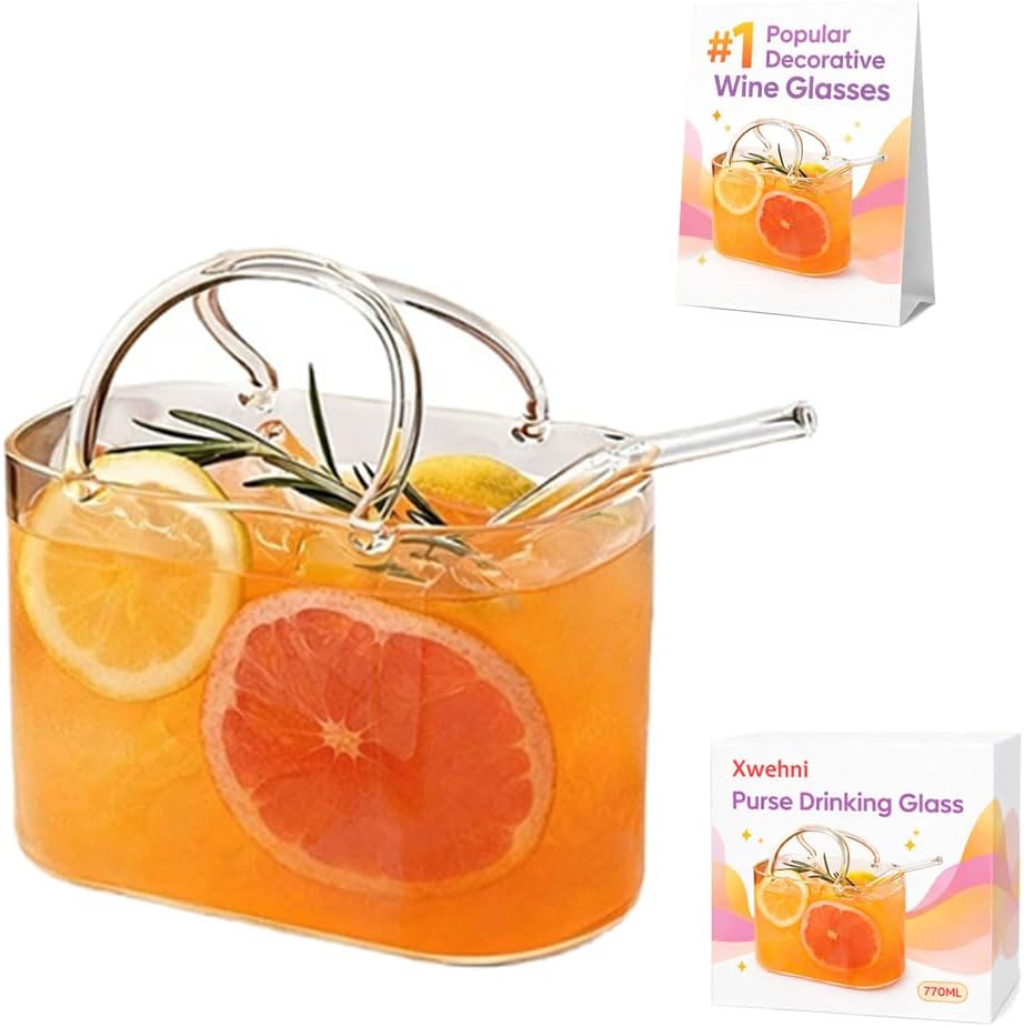 Glass Purse for Drinks Purse Glasses for Drinks Purses Drinking Glass Glasss Purses Vase Handbag Shaped Cup with Straw 26oz Wine Glasss for Juice Tea Flowers Room Decor Gift(1PC)