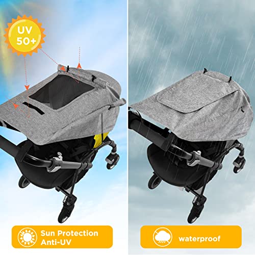 WD&CD Sonnensegel Kinderwagen mit UV Schutz 50+ und Wasserdicht, Double layer fabric mit Sichtfenster und extra breite Schattenflügel, Grau