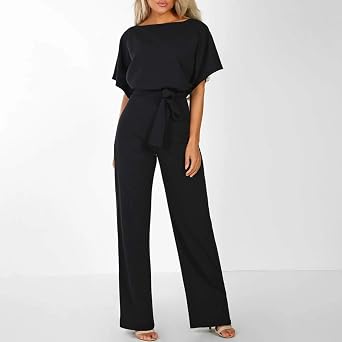 JiXiang Dressy Jumpsuits for Women Wedding Guest Elegant Loose Short Sleeve Belted Wide Leg Romper Crewneck Formal Overalls
