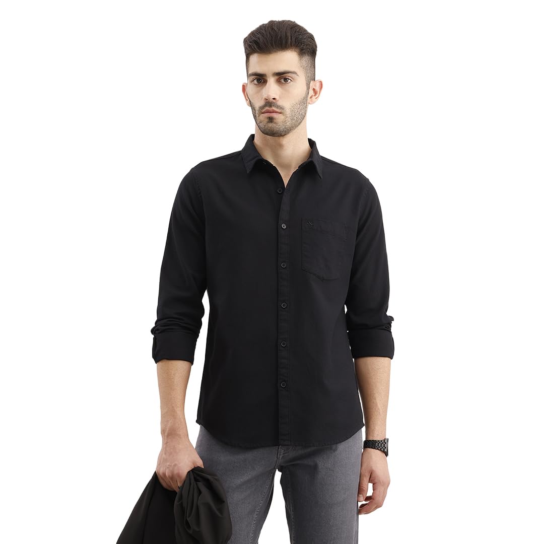 WROGN Menâ€™s Cotton Shirt | Regular Fit | Textured Black Full Sleeve Casual Shirt in black