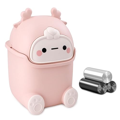 QLFJ-FurDec Linda papelera de escritorio con 90 bolsas de basura, bote de basura creativo pequeño para encimera con tapa abatible, pequeño