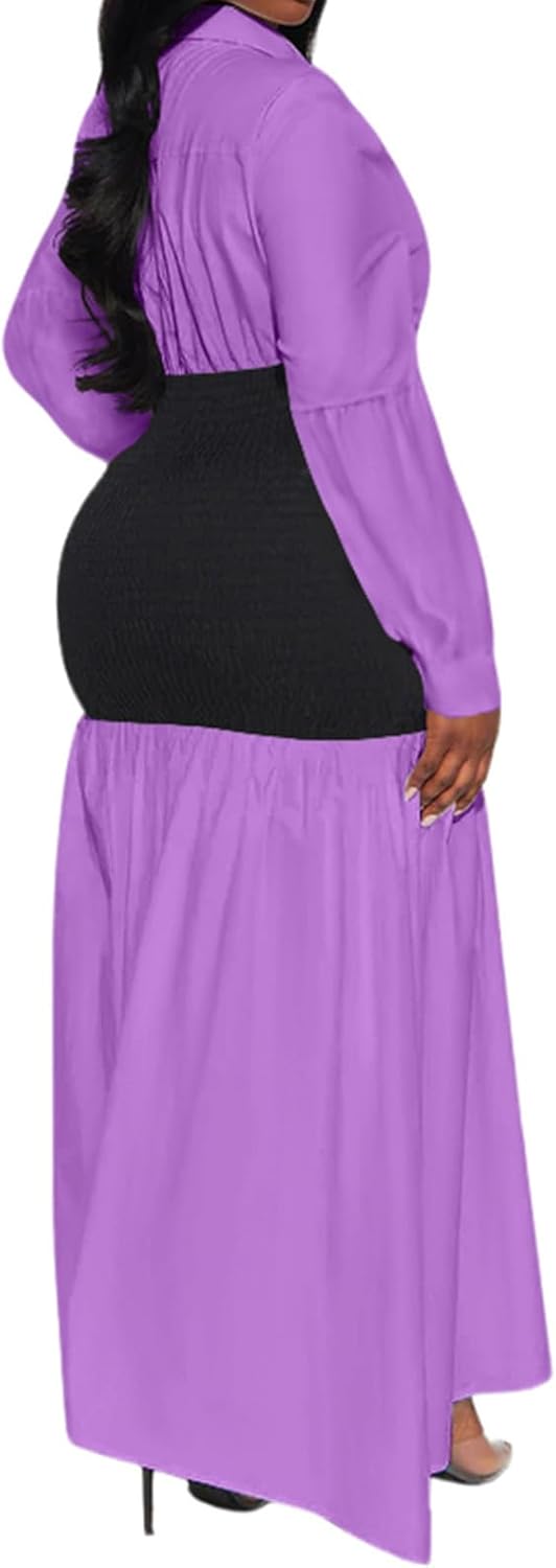 Ekaliy Women's Puff Long Sleeve Shirt Dress Elegant Button Down Loose Swing Party Maxi Dress - Image 2