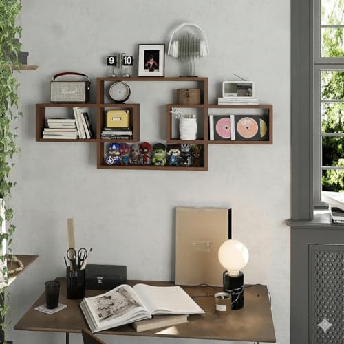 Image of Wooden Wall Shelves for Living Room, Bedroom Wall Mounted Rectangle Bookcase, Intersecting Wall Shelves for Storage Modern Decorative Display Shelves for Wall Decor (Brown)