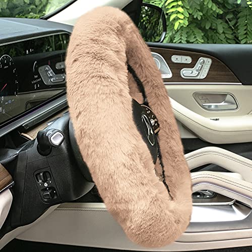 Image of FH Group Universal Fit Doe16 Faux Rabbit Fur Cozy Steering Wheel Cover fits Most Cars, SUVs, Trucks, and Vans, Ultimate Protection Beige