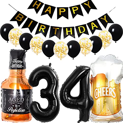 Conruich Ballon 34 ans Anniversaire Homme, Kit de Decoration Anniversaire 34 ans Femme, Feuille Ballon de Bière Hélium Ballon Whisky pour Décoration de Fête d'anniversaire 34 ans Homme