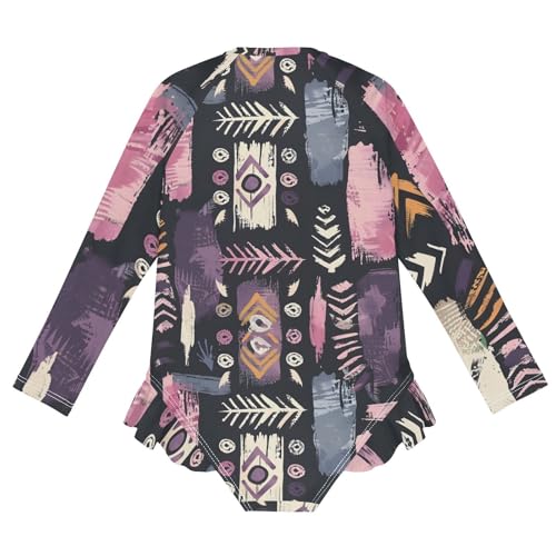Girls One Piece Swimsuits Long Sleeve Swimsuit Zipper Bathing Suits Aztec Purple Tribal Pattern2