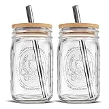 MEM WORLDSHOP Reusable Glass Cups With Lids and Straws - (2 Pack) - Wide Mouth 32 oz Mason Drinking Jars with Reusable Bamboo Lids & Stainless Steel Straws for Iced Coffee, Smoothie, Milkshake, Tea