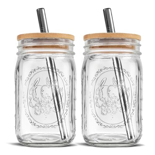 MEM WORLDSHOP Wide Mouth Mason Jars 32 oz - (2 Pack) - Wide Mouth 32-Ounces Quart Mason Jars with Reusable M.E.M Bamboo Lids & Stainless Steel Straws - For Smoothies, Milk Shakes, Iced Coffee, Tea