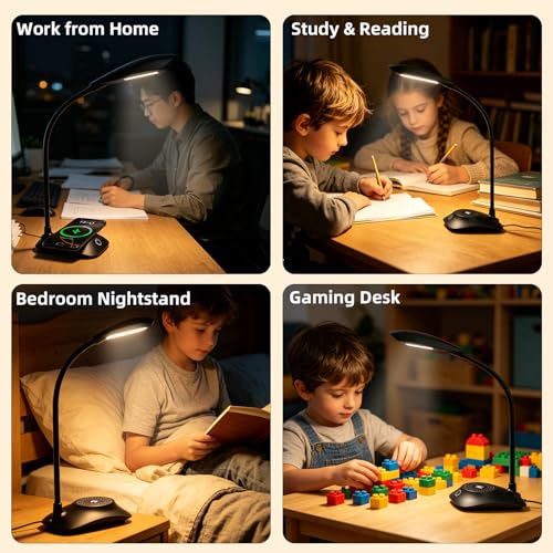 Zensun Desk Lamp for Home Office Compatible with MagSafe Wireless Fast Charging, Dimmable 3 Color Modes, 600LM, CRI 85, Adjustable Neck Study Lamps for College Dorm Room, Adapter Not Included, Black — view 6
