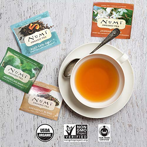 Numi Organic Tea Variety Pack, 18 Count Box of Tea Bags (Pack of 4), Aged Earl Grey, Breakfast Blend, Jasmine Green & Moroccan Mint (Packaging May Vary)