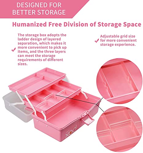Creahaus 30,5cm 3-Regal Mehrzweck-Aufbewahrungsbox, Sortierbox, Organizer Box, Bastelbox, Nähkasten, Medizinkoffer, Toolbox, Angelkoffer mit 2 Regalen (Rosa)
