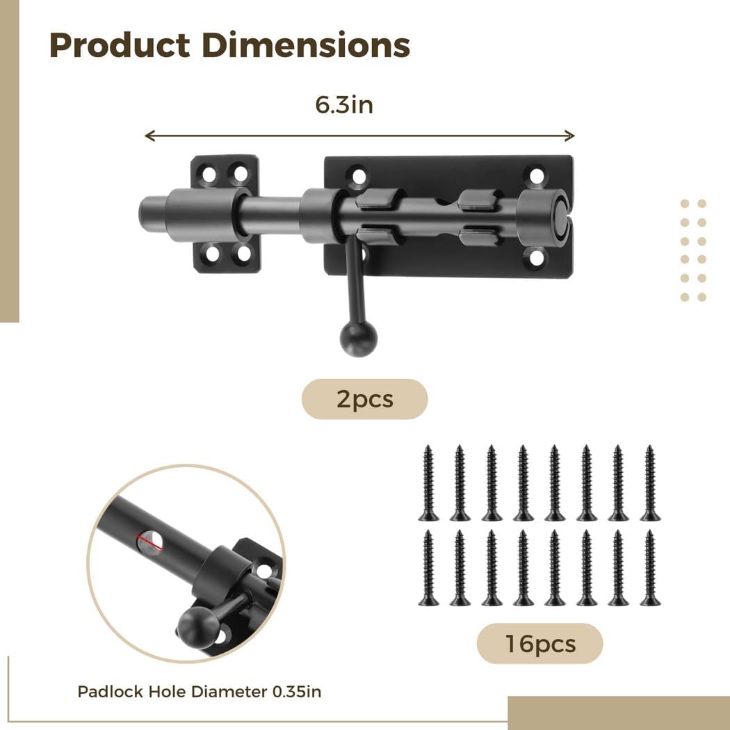 Generic Heavy Duty Slide Bolts, Interior Door Latches For Wooden Fence, 304 Stainless Steel Sliding Bolts With Padlock Hole, Yard Door, Barn Door, 6 Inches, 2Pcs Stainless Steel Barrel Bolts
