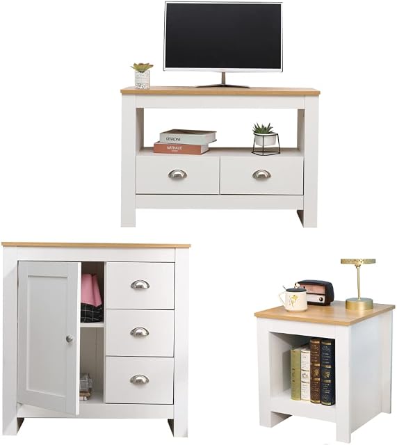 HOME MODERN Wooden Living Room Funriture Sets (Side/Lamp Table + 1 Door 3 Drawers Cupboard/Sideboard + TV Stand Unit Cabinet),White+Oak Color