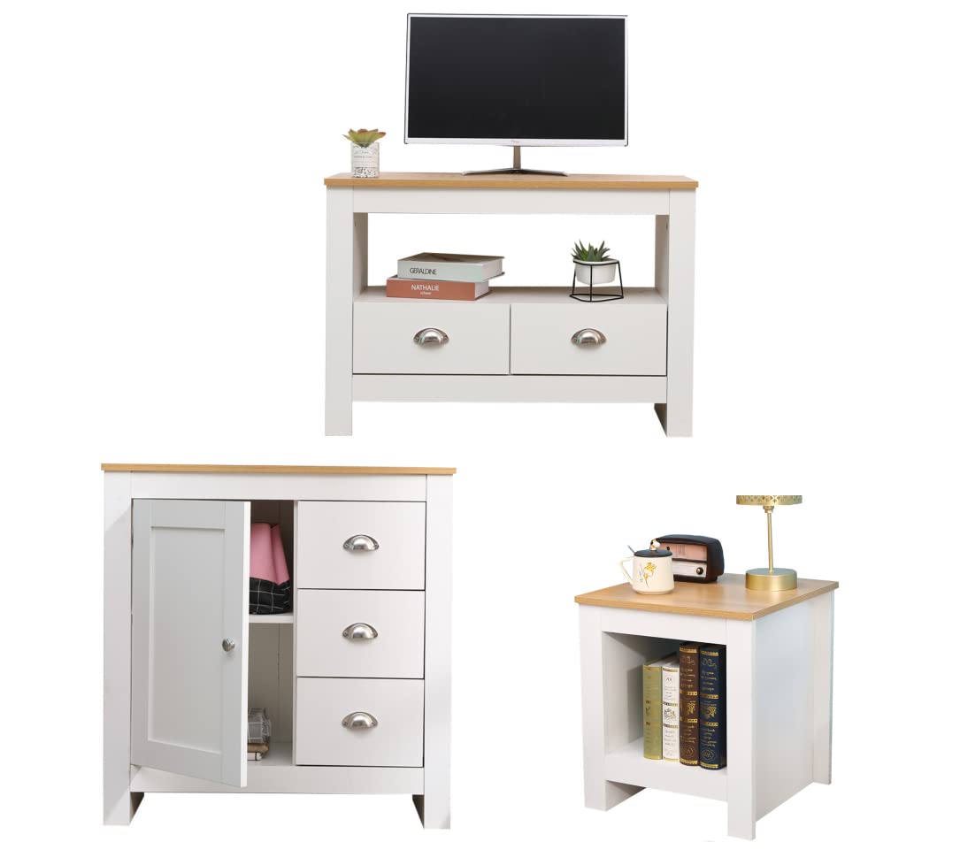 HOME MODERNWooden Living Room Funriture Sets (Side/Lamp Table + 1 Door 3 Drawers Cupboard/Sideboard + TV Stand Unit Cabinet),White+Oak Color