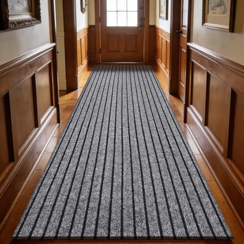 Image of 2ft x 8ft Runner Rug, Non Slip Indoor Outdoor Rugs, Waterproof Low Profile Carpet Runners for Hallway Entryway Kitchen Garage Patio Balcony, Custom, Grey Stripes