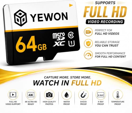 Image of YEWON 64GB MicroSDXC Memory Card | Class 10 A1 Speed | Up to 100MB /s Read Speed | Full HD Video Recording Support | Waterproof, Shockproof | for Smartphone, Camera, Tablet & Gaming Console