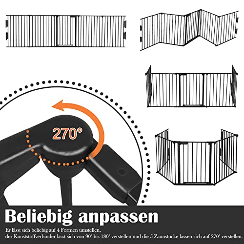 Aufun Kaminschutzgitter Metall mit Tür, 5 Elemente, Absperrgitter Ofenschutzgitter faltbar, Konfigurationsgitter für Kinder-Sicherung, 300x75 x60cm (Schwarz)