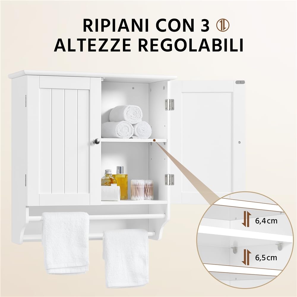 Yaheetech Mobile Bagno da Parete Pensile Sospeso Armadietto Armadio con 2 Ante e Ripiano Regolabile Asta Porta Asciugamani Salvaspazio per Cucina 60,5 x 22,5 x 64 cm Bianco