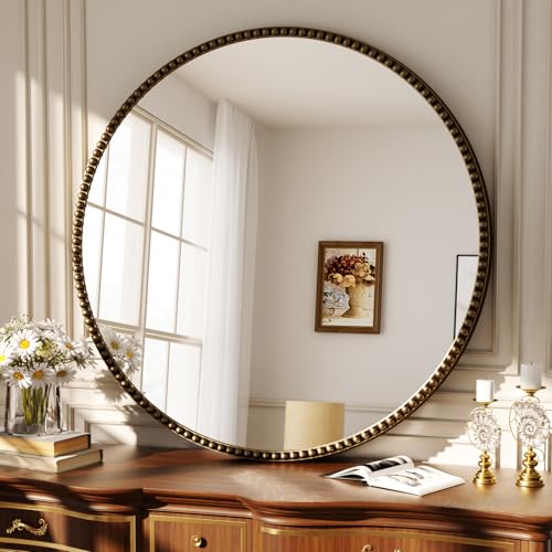 Koonmi Miroir mural rond - 90 cm - Cadre en perles PU - Marron