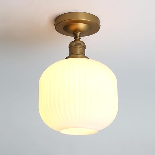 Miniatura 8 de Pathson Vintage Flush Mounted Ceiling Light with Milk White Glass, Brushed Brass Modern Ceiling Lamp Fixture for Farmhouse Hallway Foyer Loft Living
