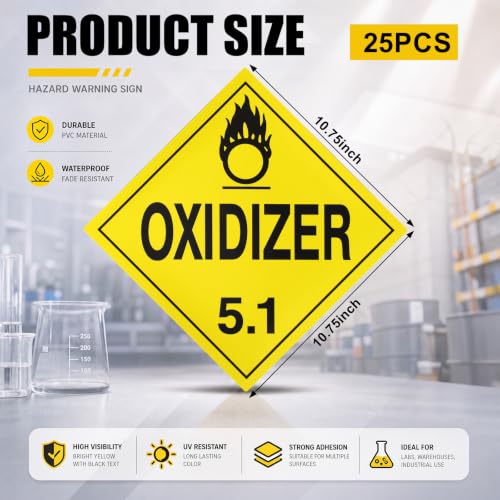 Image of 25 Pcs 5.1 Oxidizer Placard Stickers, 10.75 inch x 10.75 inch Removable Self-Adhesive Vinyl Hazard Compliant Labels for Short-Term Applications