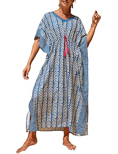 Bsubseach Sukienki kaftan dla kobiet plus size strój kąpielowy okrycie długa sukienka kaftanowa ze sznurkiem w talii, W niebieskie paski, rozmiar uniwersalny