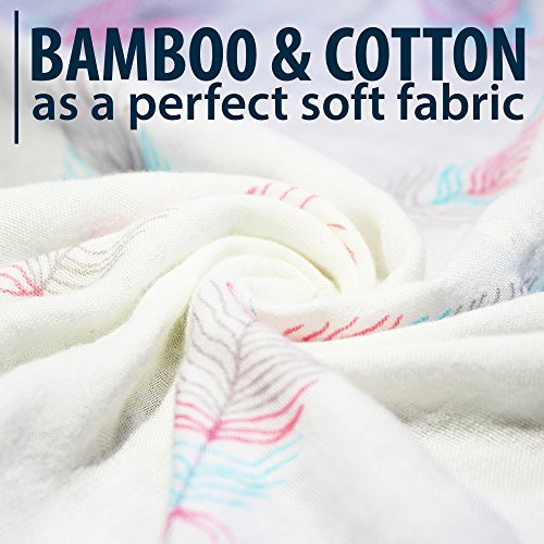 Muslin Swaddle Blankets Large Size - Soft Breathable Bamboo Cotton Prevents Overheating Set of 2 Gender Neutral Design - Nursing Cover Swaddling Blanket - Feather Print Boy Girl - Burp Cloth