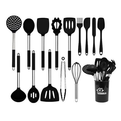 TINA&CO Juego de utensilios de cocina silicona 15 piezas de silicona con mango de acero inoxidable, resistentes al calor, antiadherente, espátulas grandes, apto para lavavajillas (Negro)