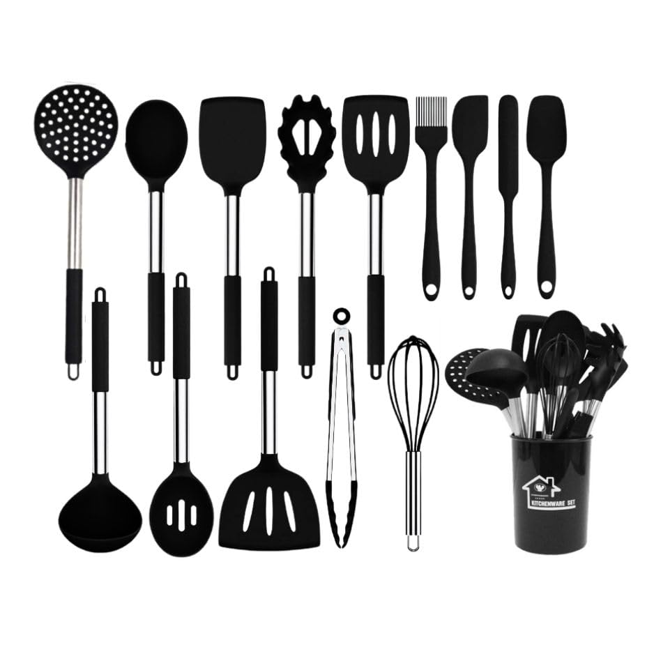 TINA&CO Juego de utensilios de cocina silicona 15 piezas de silicona con mango de acero inoxidable, resistentes al calor, antiadherente, espátulas grandes, apto para lavavajillas (Negro)
