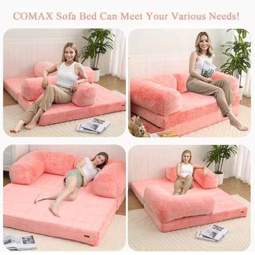 COMAX 4-in-1 Futon Sofa Bed, Queen Size Foldable Couch with L-Shaped Armrests, Convertible Sleeper Chair Bed, Comfortable Lounge Mattress for Living Room and Bedroom, Snow Orange