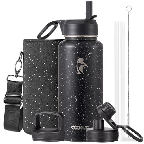 Image of Coolflask 32 oz Water Bottle Insulated with Straw & 3 Leakproof Lids