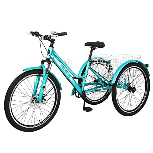 Slsy Adult Mountain Tricycle, 7 Speed Three Wheel Bike, 24/26 Inch Adults Trikes for Seniors with Shopping Basket, Exercise Men's Women's Tricycles (Medium Spring Green, 24'' Tire 7-Speed)