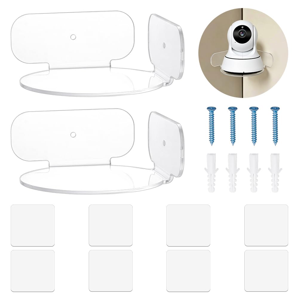 NBEADS 2 Pcs Acrylic Mini Circular Corner Shelf, Corner Shelf Wall Mounted Floating Corner Shelf for Security Cameras, Monitors, Plants & More, Universal Cam Holder, Clear, 11.2x11.2x4.8cm