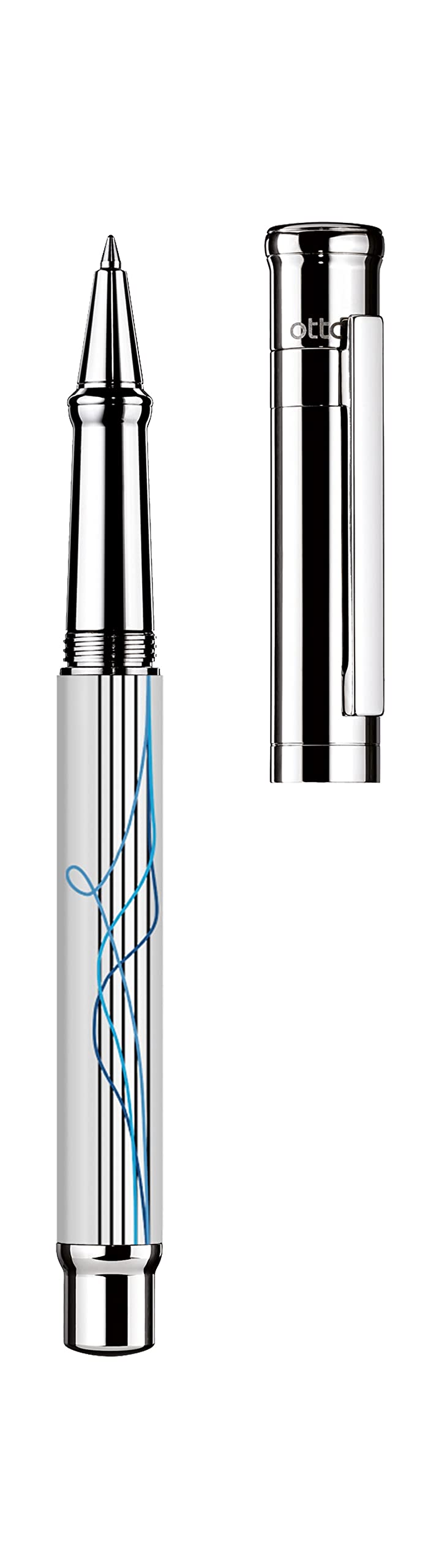 Otto Hutt design 04 Tintenroller 009-18780 – Rollerball mit hochwertiger Beschichtung und glänzender Oberfläche in der Farbe Weiß mit 4-fach Liniendruck – Mit Großraummine M, blau