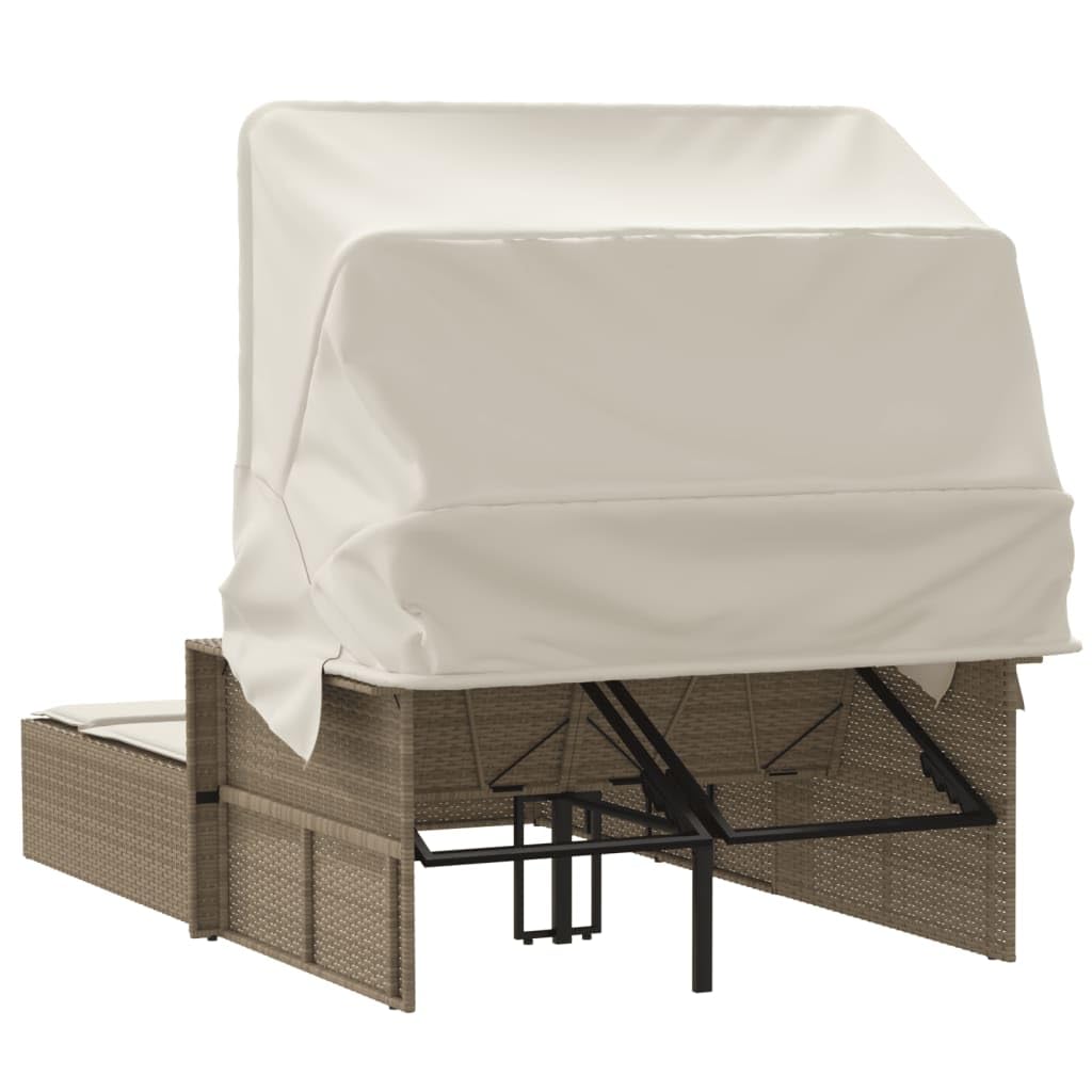 Homgoday Lettini da Giardino,Lettino Doppio con Baldacchino e Cuscini Beige in Polyrattan,Lettini Prendisole, Divano Letto Mobili, Lettino da Piscina, Lettino Prendisole da Giardino