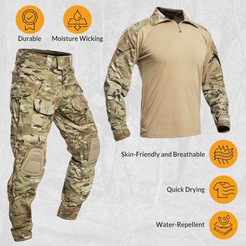 VOTAGOO GEAR G3 Combat Uniform Set for Men Tactical Camouflage Clothing Hunting Paintball Suit with Knee & Elbow Pads (Multicam, 2X-Large)