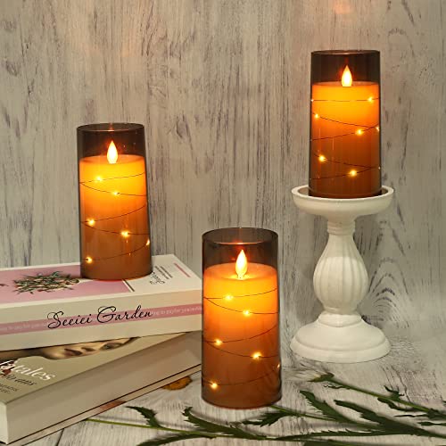 Addbeaut Flickering Flameless Candles, 360 Degree Viewing Angle, With Starry String Lights, Battery Operated Plexiglass Led Pillar Candles With Remote Control And Timer, Set Of 3,Grey #TOP5