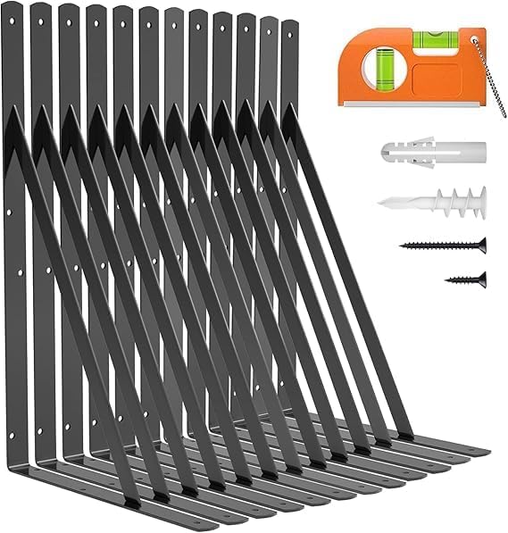 RIHAN Handicraft Heavy Duty 22 Inch L Shaped Shelf Brackets Metal Wall Mounting Support with Level Tool Black Steel Construction Brackets Hardware Included Living Room (Pack of 12)-image-18