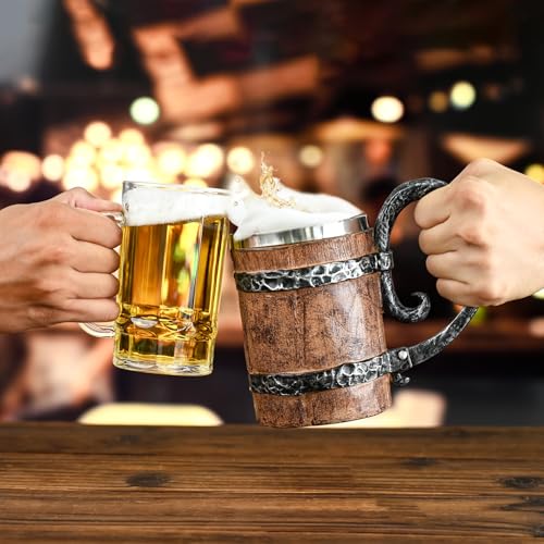Ocean ice Beer Mugs, 19 oz Vintage Beer Stein, Handmade Wooden Barrel Viking Mug, Double Wall Beer Mugs for Freezer, Tankard Heavy Mug, Freezer Beer Mugs with Handles, Dishwasher Safe by Ocean ice - Image 5